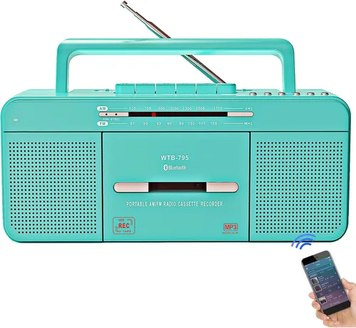 Miniatura 11 de Boombox portátil estilo retro clásico de los años 80 con reproductor grabador de casete, radio AM/FM/SW1/SW2, Bluetooth, ranuras USB/Micro SD