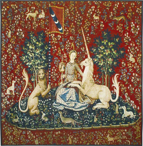 La dama y el unicornio - Vista | Tapiz tejido para colgar | Reproducción histórica de tapiz de la Edad Media | 100% algodón tamaño EE. UU. 53 x 48