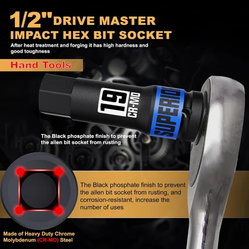 Miniatura 3 de 1/2" Drive Master Juego de llaves de impacto XZN, 10 piezas: M5 - M18, acero Cr-Mo, caja de almacenamiento resistente
