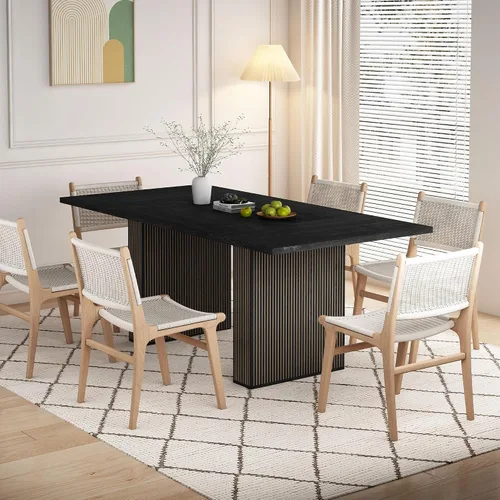Miniatura 6 de QHITTY mesa de comedor acanalada de 78 pulgadas de madera para 6 a 10 personas, mesa larga rectangular de estilo campestre con base de tiras