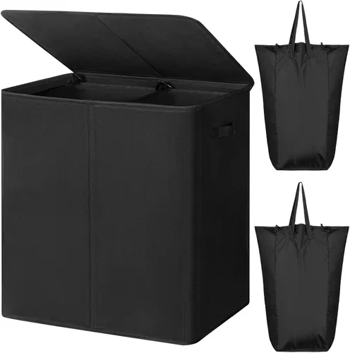 Miniatura 13 de WOWLIVE Cesta de lavandería de 100 litros con tapa, cesta plegable grande con 2 bolsas y asas extraíbles, cesta de ropa sucia plegable alta