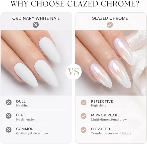 Miniatura 7 de Polvo de uñas de cromo perla para uñas de gel, polvo de uñas con efecto espejo Aurora blanco, pigmento nacarado iridiscente para arte de uñas