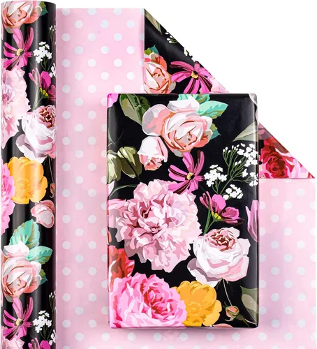 Miniatura 3 de WRAPAHOLIC Papel de regalo floral reversible, mini rollo, 17 pulgadas x 33 pies, diseño floral colorido negro para cumpleaños, día de la madre