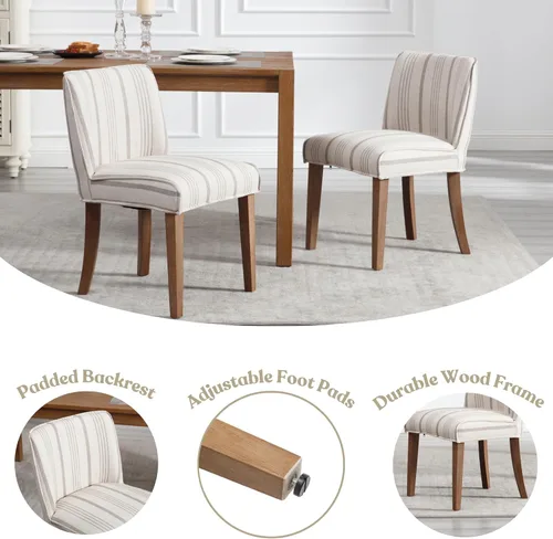 Miniatura 5 de Juego de 6 sillas de comedor de estilo rústico tapizadas de lino a rayas caqui, sillas de comedor sin brazos para el hogar, cocina, comedor, Franja