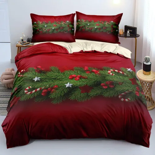 Miniatura 7 de Juego de funda de edredón de Navidad 3D, fundas de edredón y fundas de almohada con patrón de lazo rojo, juegos de ropa de cama de color pulido