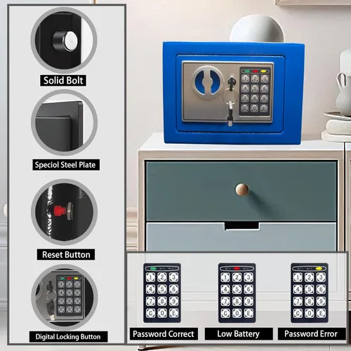 Miniatura 2 de Yuanshikj Caja de seguridad digital electrónica de lujo con cerradura de teclado, para hogar, oficina, hotel, negocios, joyas, pistola, Azul