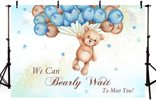 Miniatura 2 de MEHOFOND Telón de fondo de baby shower con texto en inglés "We Can Bearly Wait to Meet You" de 10 x 7 pies, globos azules y marrones, purpurina