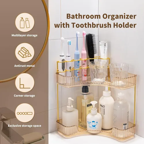 Miniatura 5 de NATURE'S SOURCE Organizador de maquillaje para tocador, organizador de baño de esquina de 2 niveles con soporte para brochas de maquillaje