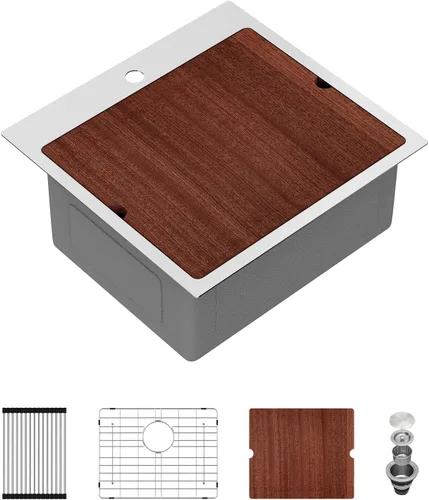 Miniatura 25 de Sarlai 15 Fregadero de Barra de 15x15 Pulgadas para Cocina, Fregadero de Barra de Acero Inoxidable de Calibre 16, Estación de Trabajo con Repisa