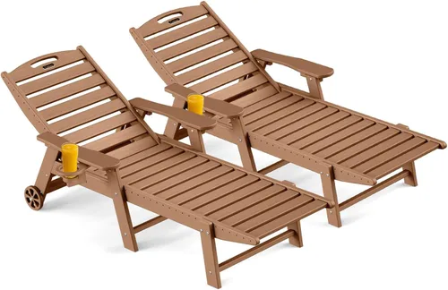 Miniatura 13 de Ciokea Silla de Descanso para Exteriores, Tumbona de Gran Tamaño con 5 Posiciones, HDPE, Silla de Descanso de Patio con Ruedas y Portavasos para Gris