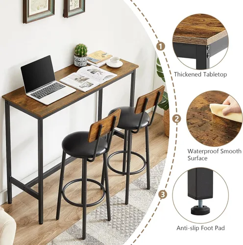 Miniatura 4 de Juego de mesa de comedor de 3 piezas para 2, mesa de bar moderna y sillas para cocina de espacio pequeño, juego de comedor rectangular de madera
