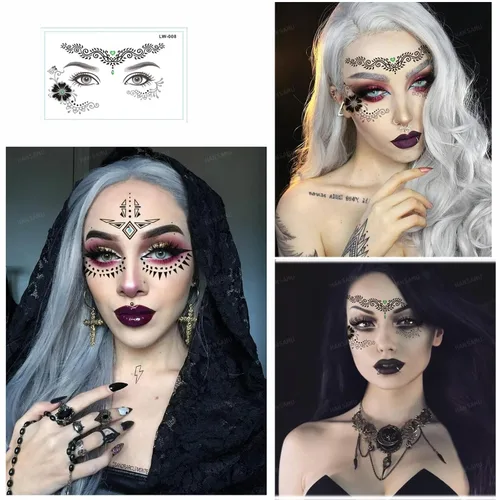 Miniatura 3 de Paquete de 9 calcomanías de maquillaje facial de ojos, impermeables, de encaje negro, tatuaje temporal para mujeres y niñas, Halloween, Navidad