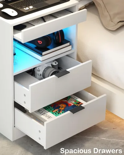 Miniatura 9 de Gadroad - Mesita de noche LED con estación de carga, mesa de noche con 3 cajones y luces LED, mesa auxiliar de sofá con estante extraíble