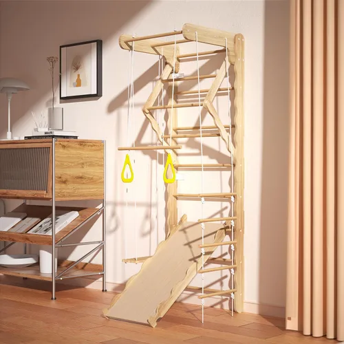 Miniatura 6 de Gimnasio de la selva de madera 5 en 1 para interiores para niños, escalera sueca montada en la pared con barra de agarre, anillos, columpio