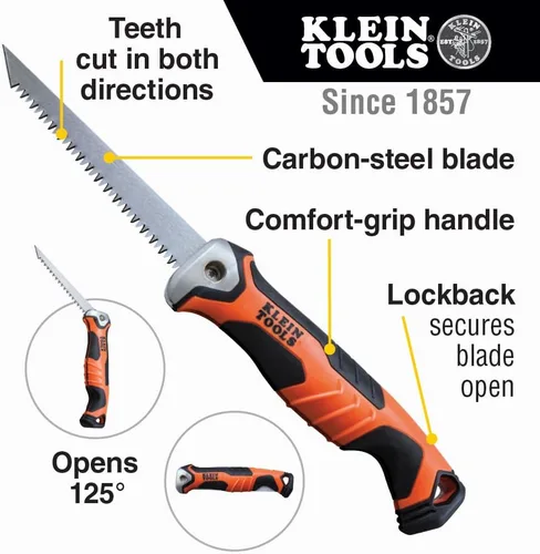 Miniatura 2 de Klein Tools 31737 Sierra Plegable de Punzón / Sierra de Mano para Paneles de Yeso con Bloqueo a 180 y 125 Grados y Orificio de Sujeción