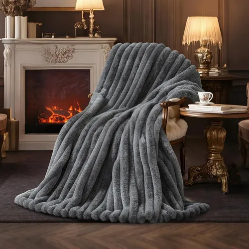Miniatura 16 de Amélie Home - Manta de piel sintética para sofá, ultraacogedora manta mullida de felpa suave a rayas para sofá familiar, silla, dormitorio, 60 x 80