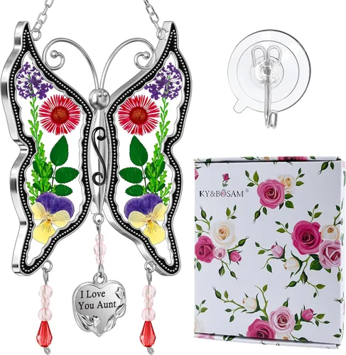 Miniatura 15 de KY&BOSAM - Atrapasoles de mariposa para mamá, regalos de cristal para ventanas, carillón de viento con alas de flores prensadas auténticas con dije