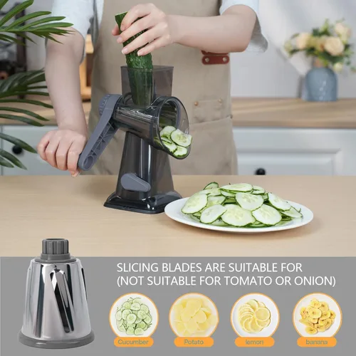 Miniatura 4 de Rallador de queso giratorio con asa, versátil rallador de queso con base de succión antideslizante, triturador de queso y rebanador de alimentos Gris