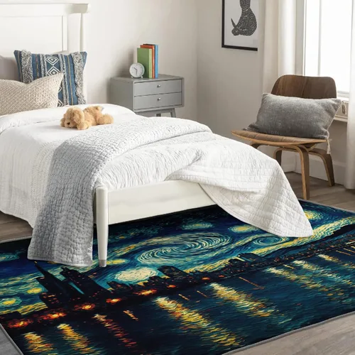 Miniatura 2 de Alfombra de noche estrellada de 4 x 6 pulgadas, alfombra de pintura al óleo, alfombras lavables para decoración de sala de estar y dormitorio, Noche