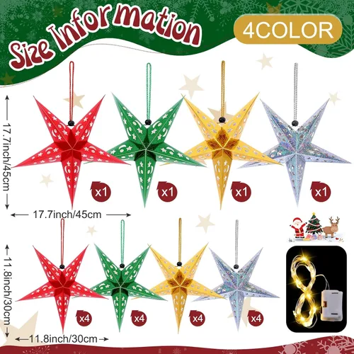 Miniatura 2 de Hortsun Juego de 20 faroles de papel de Navidad con forma de estrella, 2 tamaños, 17.7 y 11.8 pulgadas, adornos colgantes de Navidad, pantalla 3D