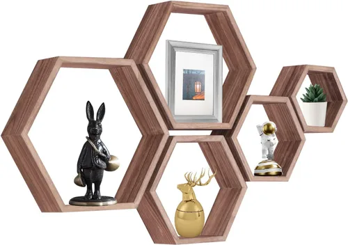 PHOENANCEE Estantes flotantes hexagonales, juego de 5 estantes octágonos montados en la pared, cubo de almacenamiento de madera para baño, cocina,