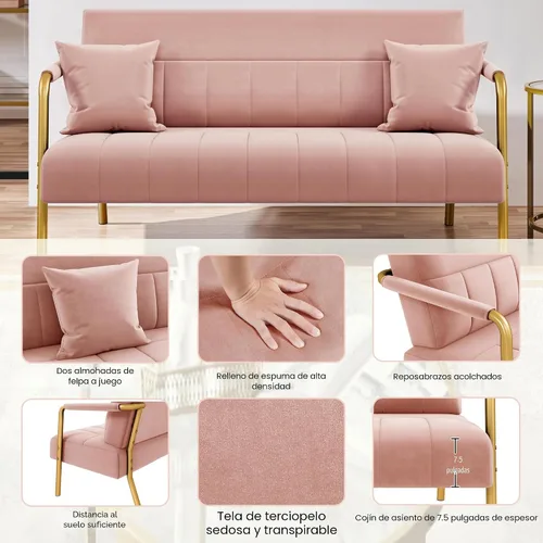 Miniatura 5 de Yaheetech Sofá moderno de 56.5 pulgadas de ancho, sofá pequeño de tela de terciopelo de lujo con brazos y patas de metal dorado para sala de estar