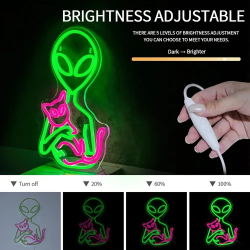 Miniatura 4 de Letrero de Neón Alienígena para Decoración de Pared Regulable Luces LED de Gatos Alienígenas para Dormitorio Luz de Neón Verde para Sala