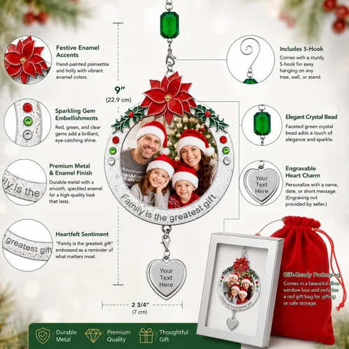 Miniatura 5 de Adorno de Navidad personalizado con tu foto familiar – La familia es el mejor regalo, adorno navideño con detalles de flor de pascua y acebo