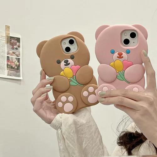 Miniatura 6 de Fundas para teléfono Kawaii compatibles con iPhone 13 Pro Max, linda funda de silicona suave 3D con diseño de oso de flores de dibujos animados