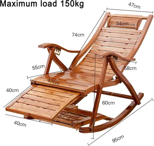 Miniatura 4 de Mecedora de bambú plegable de jardín para tumbonas de ancianos, silla de terraza con cojín, estable y ergonómica de madera, silla de jardín