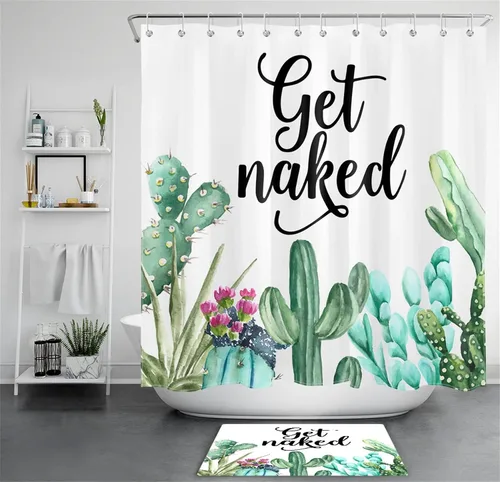 Miniatura 11 de LB Get Naked - Cortina de ducha de cactus con citas divertidas, plantas tropicales, suculentas, verdes, acuarela, cactus y flores, cortinas de ducha