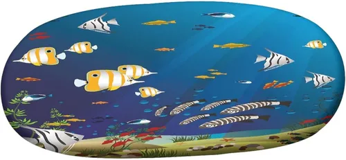 Miniatura 3 de Mantel ajustable ovalado de poliéster elástico para acuario, diferentes peces en la parte inferior del océano, mantel ajustable con estampado