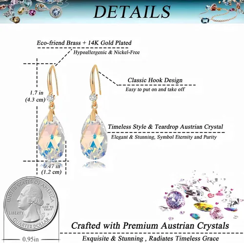 Miniatura 4 de Aretes colgantes de lágrima de cristal austriaco para mujer, chapados en oro de 14 quilates, hipoalergénicos, regalos de joyería para mujeres