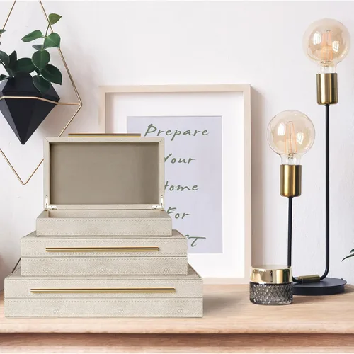 Miniatura 7 de Juego elegante de 3 cajas decorativas de marfil con forro de terciopelo y asas doradas de Shagreen - Organizador versátil para joyas y decoración