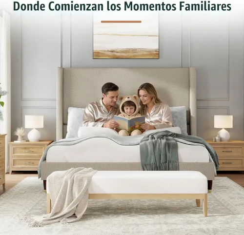 Miniatura 3 de Jocisland Base de cama tamaño Queen de 51.2 pulgadas de alto, tapizada, con cabecero con respaldo de ala, no necesita somier, fácil montaje