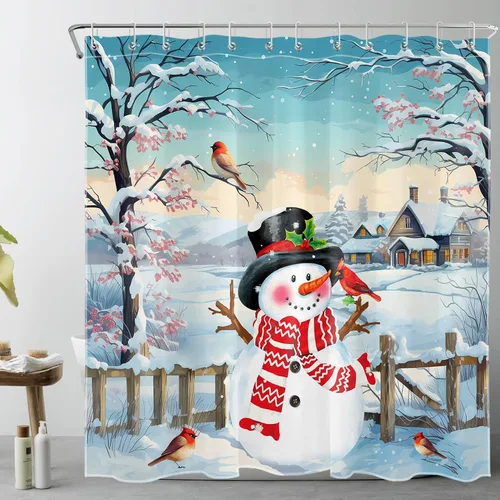 Miniatura 8 de LB Winter Snowman Shower Curtain for Bathroom, Christmas Cardinal Bird and Snowy Tree with Pink Flower Fabric Shower Curtain with Hooks, Farmhouse