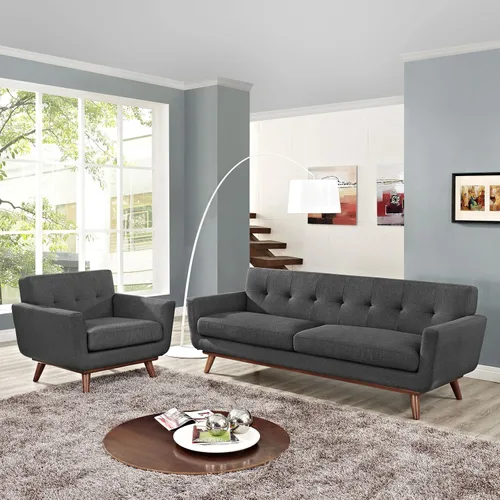 Miniatura 6 de Modway Engage - Sillón de una pieza tapizado con tela y sofá de dos piezas de estilo de mediados de siglo, Tela, Gris