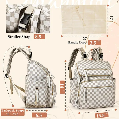 Miniatura 5 de Omanmoli Bolsa de pañales a cuadros, mochila grande de cuero para pañales con 17 bolsas organizadoras, cambiador, correas para cochecito, 4 Beige