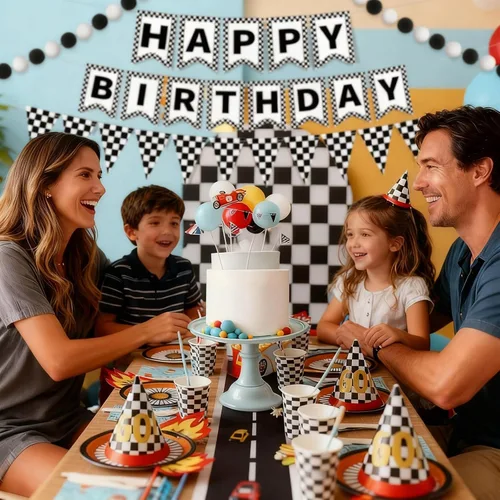 Miniatura 6 de Fuyoooo 4 banderas de feliz cumpleaños a cuadros en blanco y negro con bandera de carreras, banderas de fiesta, incluidas decoraciones de fiesta