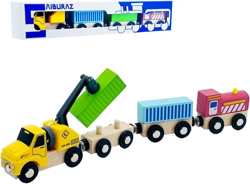 Miniatura 6 de Juego de trenes de madera con grúa, juguetes de tren magnético para pistas de tren de madera, conjuntos de trenes para niños pequeños y niños de 3