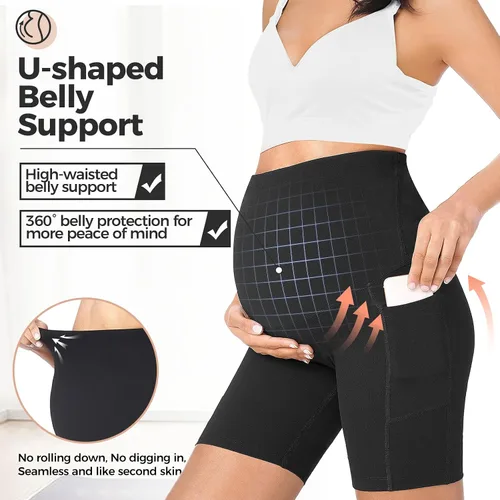 Miniatura 2 de Buauty Pantalones cortos de maternidad para mujer con bolsillos sobre el vientre, yoga, correr, atletismo, embarazo, pantalones cortos de descanso