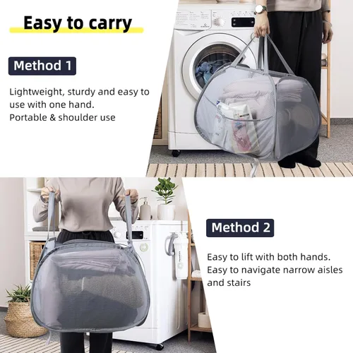 Miniatura 5 de Cesta de lavandería plegable, cesta de ropa plegable emergente de 90L con asas, cesta de ropa sucia de malla cuadrada para lavandería, baño