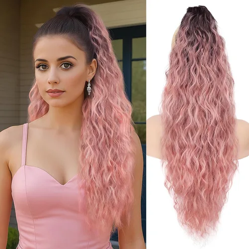 Miniatura 31 de ORSUNCER Extensión de cola de caballo de 18" con pinza rizada, cola de caballo esponjosa, extensiones de pelo sintético de aspecto natural para mujer