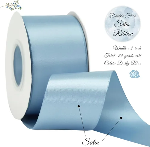 Miniatura 2 de Cinta de satén azul polvoriento, seda azul francés de 2 pulgadas para árbol de Navidad y ramo de boda, 25 yardas Azul empolvado