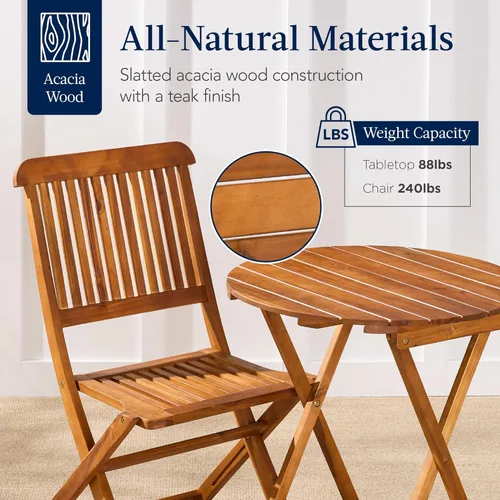 Miniatura 4 de Best Choice Products - Juego de bistró de madera de acacia (3 piezas), muebles plegables adecuados para patio, jardín, balcón, terraza; incluye 2