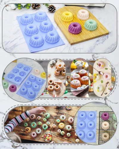 Miniatura 5 de Moldes de gelatina 3 piezas de silicona con tubo estriado, moldes de silicona para pastel Bundtlette de 6 cavidades Heritage, moldes elegantes