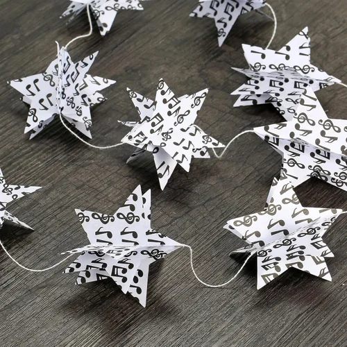 Paquete de 4 notas musicales en 3D, guirnalda de estrellas, libros reciclados, páginas vintage, guirnalda, periódico, fiesta, bandera, decoración de