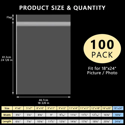 Miniatura 2 de AUEAR Paquete de 100 fundas de plástico transparente de 18 x 24 pulgadas, sin ácidos, bolsas resellables de cristal de 1.6 mil para ropa, hogar