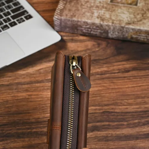 Miniatura 50 de Genuino Caballo Loco Cuero Regalo de Viaje Moneda Bolsillo Tarjetero Organizador Largo Cadena Rfid Cartera Monedero Con Broche Para Hombres Hombres