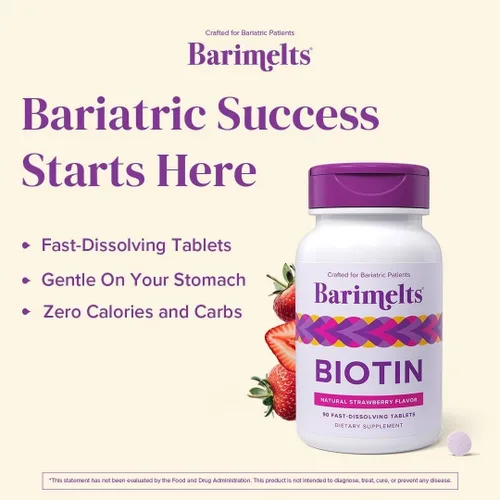 Miniatura 8 de Vitaminas BariMelts Biotin, sin azúcar, naturales, sabor fresa, en cápsulas masticables de absorción rápida, 90